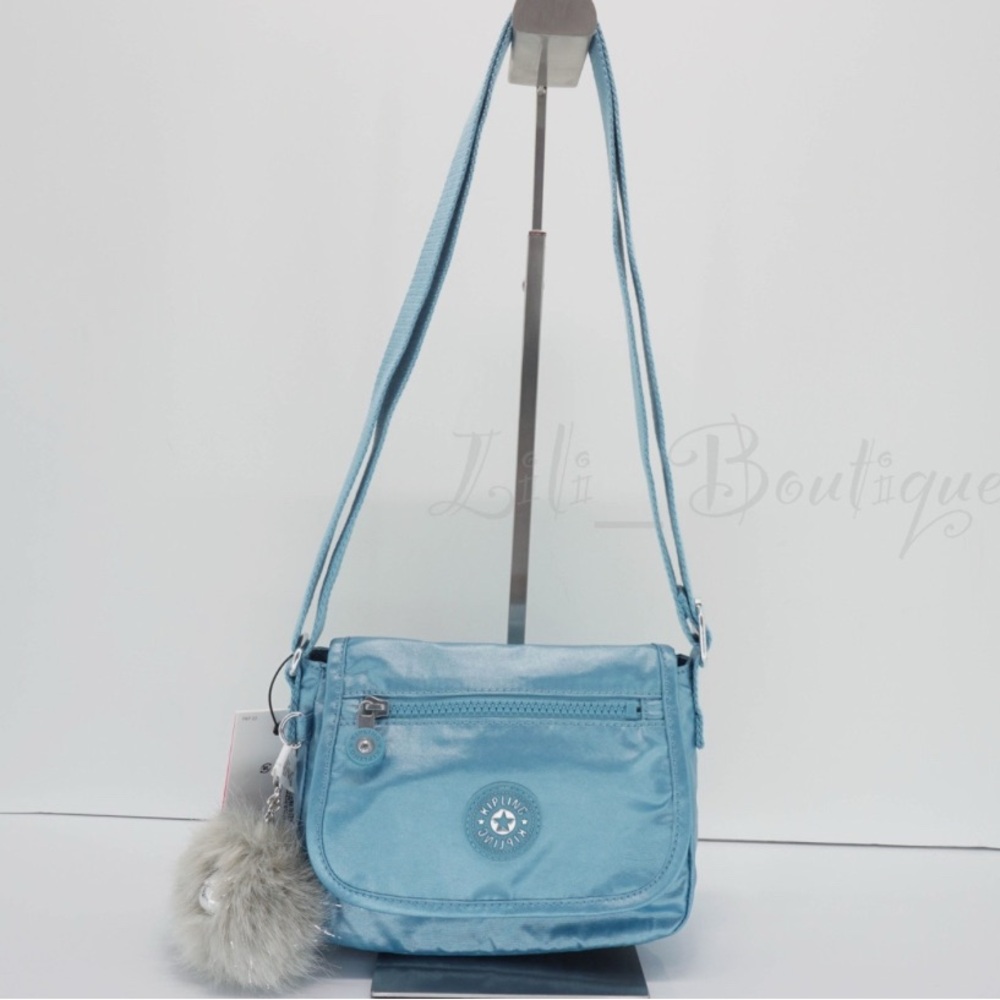 Kipling Sabian Aqua Tides Metallic Crossbody Bag with Pom Pom NWT
